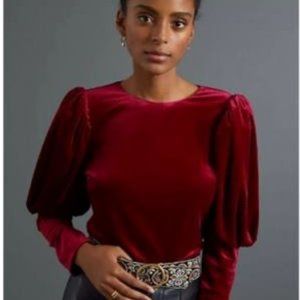 Anthropologie Puff Sleeve Dark Berry Velvet Top NWT
